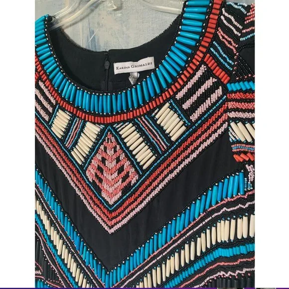 Karina Grimaldi Black/Turquoise/Coral Southwest Beaded Top - Small - Picture 2 of 5
